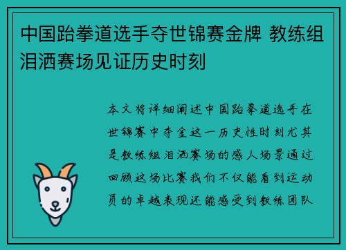 中国跆拳道选手夺世锦赛金牌 教练组泪洒赛场见证历史时刻 中国跆拳道选手夺世锦赛金牌 教练组泪洒赛场见证历史时刻